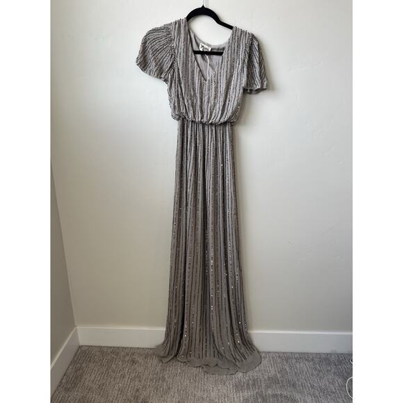 Show Me Your MuMu Michelle Flutter Maxi Dress Dove Grey Beaded Sz XXS, Wedding - Picture 2 of 7
